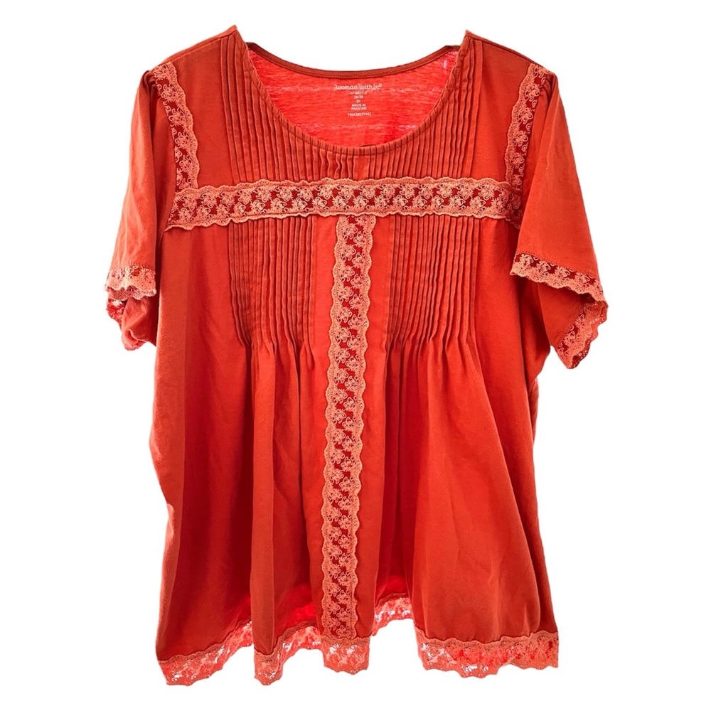 Woman Within Short Sleeve Lace-Trim Pintuck Tunic Top Size 2X Orange Boho Mature